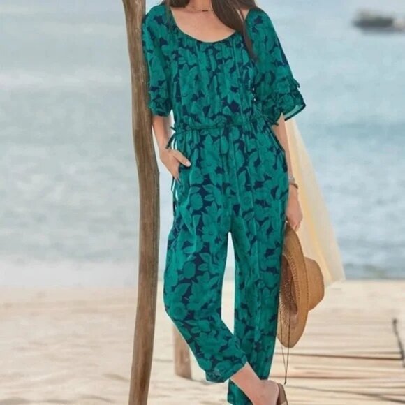 Sundance Teal Leaf Print Jumpsuit - Picture 1 of 9